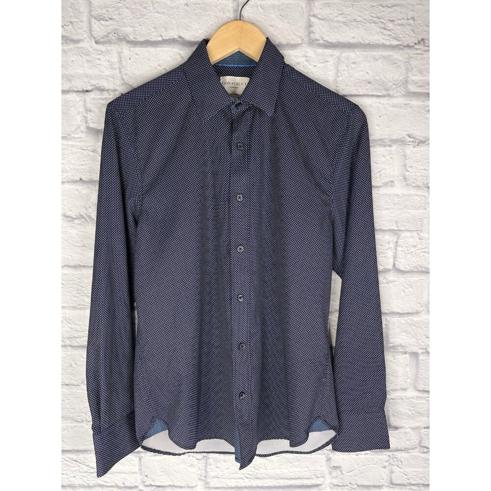 CON.STRUCT Men's Navy Polka Dot Slim Fit 4-Way Stretch Button Down Small